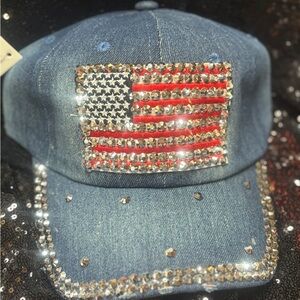 Denim Cap with American Flag and Rhinestones